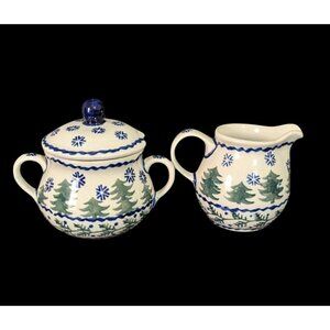 Boleslavies Handmade Polish Creamer & Sugar Bowl Set Winter Snowflake Pine Tree